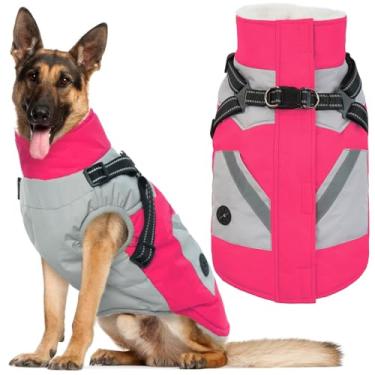 Imagem de IECOii Casaco grande para cães com arnês embutido – Rosered, grande – Casaco de inverno impermeável à prova de vento, forro de lã, zíper para cães, roupa de neve térmica, para uso ao ar livre