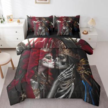 Imagem de Erosebridal Jogo de cama king de caveira gótica, tribos étnicas, amor, dia dos namorados (edredom + lençol de cima + 2 fronhas + 2 fronhas + 2 fronhas) conjunto de cama de casal com coroa de rosas 7