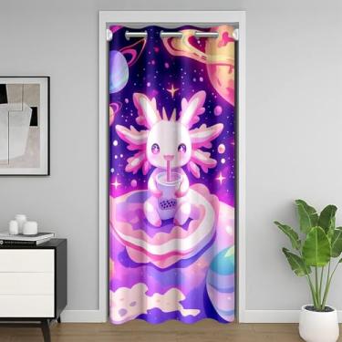Imagem de Cortina blackout de desenho animado Axolotl infantil, céu estrelado, galáxia, planeta, decoração de sala de estar, decoração de sala de estar, cortina de porta de privacidade romântica rosa, 1 painel