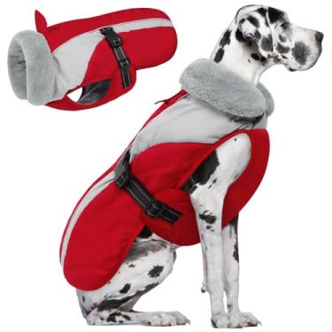 Imagem de Queenmore Jaqueta para cães 2GG, casaco de inverno para cães grandes, casaco acolchoado extra quente de lã impermeável para neve parka para pastor alemão Golden Retriever, vermelho/cinza