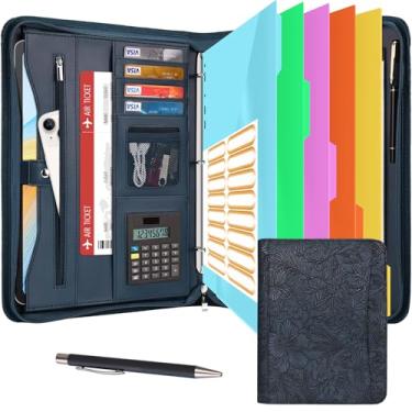 Imagem de Eshow Organizador de portfólio – fichário de 3 anéis com zíper, pasta de couro vegano com bloco de notas, inclui 5 protetores de folhas coloridas para arquivos de documentos para mulheres