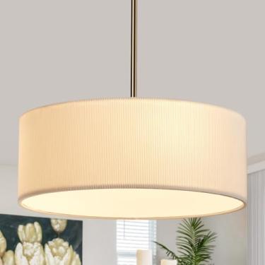 Imagem de Lustre de tambor de 43,9 cm, lustre redondo de 3 luzes para sala de jantar, luminária pendente moderna com design dobrável branco abajur de tecido de linho para sala de estar, hall de entrada, cozinha
