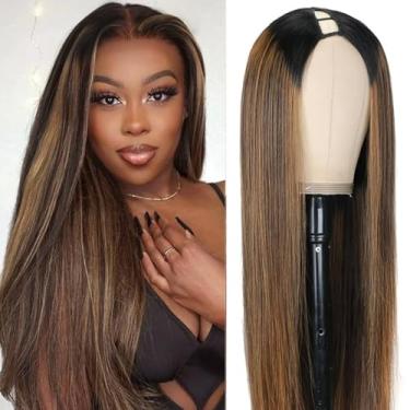 Imagem de Perucas femininas com destaque de 55 cm, densidade de 200% FB30, peruca de cabelo humano liso com cordão elástico, sem costura, não deixa de fora, sem cola, cor marrom ombré, peruca amigável para