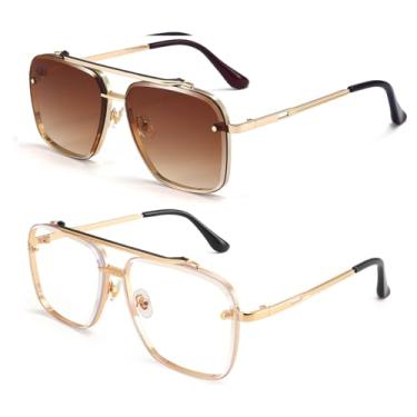 Imagem de Dollger Óculos de sol aviador quadrados para homens e mulheres, moderno, vintage, degradê, óculos de sol com proteção UV400, C: Armação dourada dégradé lente marrom + armação dourada lente