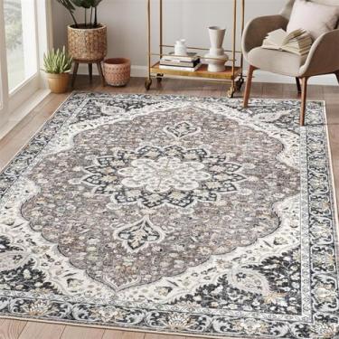 Imagem de ESSMOKO Tapete vintage estilo turco, tapete lavável à máquina para quarto, tapete de lã artificial, padrão branco, 40 x 60 cm