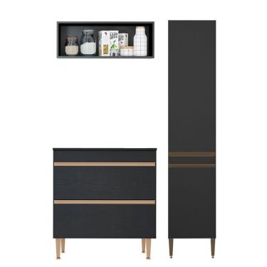 Imagem de Kit Balcão Cooktop Armário Paneleiro Nicho Aéreo Menu Móveis Preto