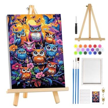 Imagem de MOGTAA Kit de pintura de coruja por números para adultos iniciantes com moldura, kits de pintura de flores para adultos por números em tela com cavalete, kits de pintura a óleo de animais fáceis de