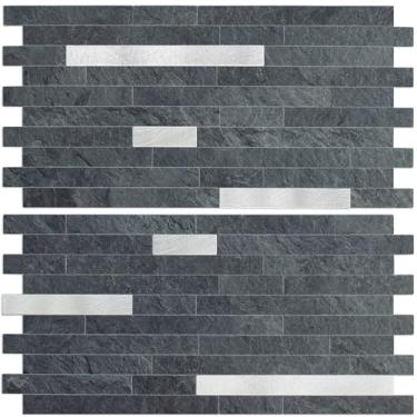 Imagem de AULIGET 2 folhas de fundo de ardósia preta, revestimento de azulejo de parede de PVC misto de metal prateado na parte de trás para cozinha e banheiro