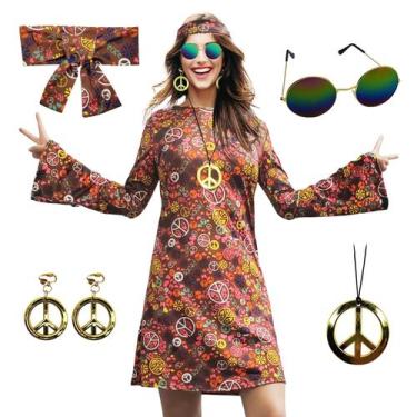 Imagem de Vestido de fantasia MRYUWB Hippie dos anos 70 com colar, brincos, ócul