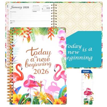 Imagem de Planejador semanal mensal 2026 - janeiro de 2026 - dezembro com abas mensais + contatos + calendários + feriados + bolso, agenda de encadernação de fio duplo de 15,7 x 21,6 cm - Flamingo