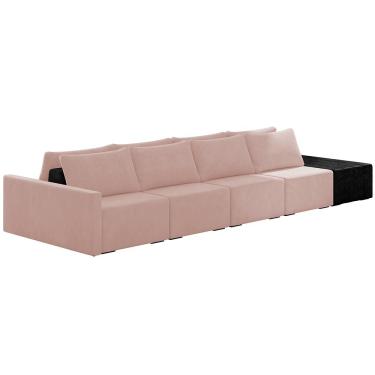 Imagem de Sofá Ilha Modular Para Sala 392cm com Puff Dublin K01 Veludo Rosê e Sintético Preto - Lyam Decor