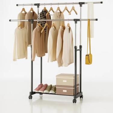 Imagem de Arara Dupla de Roupas Moderna, Metal Preto Fosco, 2 Níveis, com Prateleira e Rodízios, para Quarto e Closet