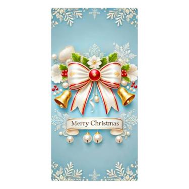 Imagem de BlissYard Capa de porta de Natal 89,5 x 188 cm Faixa de porta de feriado vermelho dourado sino de azevinho bagas brancas flores brancas entrada sazonal pendurado na parede exibição de varanda