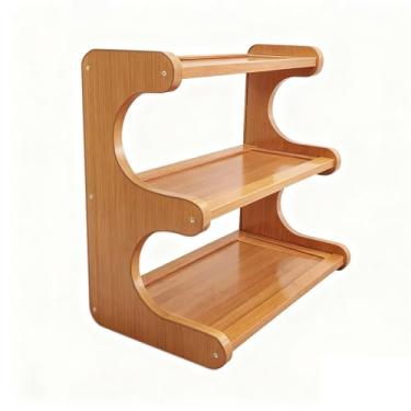 Imagem de Prateleira de copo de bambu de 3 camadas, suporte matcha, suporte de caneca de bambu, suporte de armazenamento de condimentos para balcão de cozinha (três níveis)