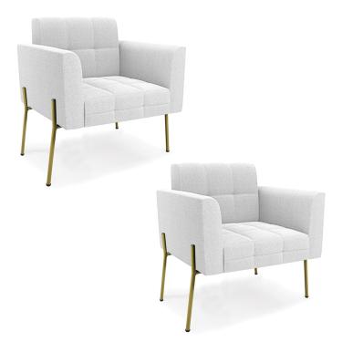 Imagem de Poltrona Sala Estar Pé Ferro Dourado Kit 2 Elisa Bouclê Off White D03 - D'Rossi