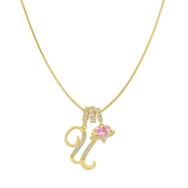 Imagem de JALZEMPL Colar de coração com inicial para mulheres, pingente de zircônia cúbica rosa, diamante banhado a ouro 14K, joia de cristal para presente, Latão, Zircão