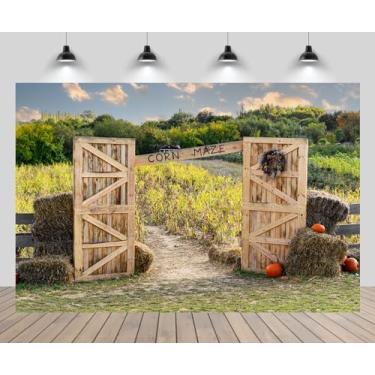 Imagem de CHNYWORK 2,7 x 1,8 m, pano de fundo de labirinto de milho, porta de madeira, outono, entrada de campo fazenda, colheita, palheiro, fundo, jogo de Halloween, labirinto de milho, decoração de festa