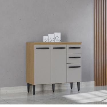 Imagem de Balcão de Cozinha com Tampo 3 Portas 90cm Isadora Poquema, Damasco Off