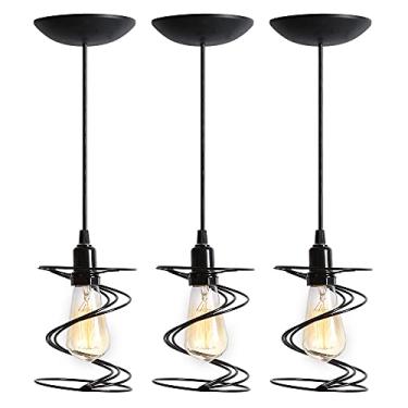 Imagem de Combo Kit com 3 Pendentes Aramado Mola Preto Lustre Luminária Iluminação Sala Quarto Iluminação Interior