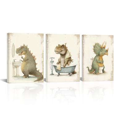 Imagem de VANSEEING Arte de parede de dinossauro engraçado impressão em tela de dinossauro no banheiro, imagens de animais na banheira, arte de dinossauro, decoração de parede para berçário, crianças, meninos