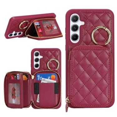 Imagem de Hamany Capa carteira para Galaxy A55 com suporte para cartão, para Galaxy A55 capa de telefone carteira com zíper com compartimento para suporte capa para mulheres e homens - vermelho escuro