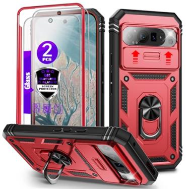 Imagem de Capa para Pixel 9 Pro XL com capa deslizante para câmera, 2 películas de vidro temperado, suporte de anel giratório de 360°, capa protetora de grau militar para Google Pixel 9 Pro XL de 6,8 polegadas
