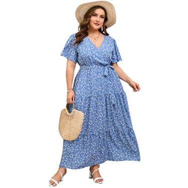 Imagem de ShopWonder Vestido feminino plus size com decote em V, cintura alta, babados, vestido casual de verão com cinto, Pequena flor azul, 5G