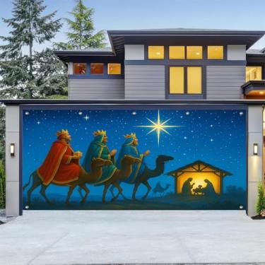 Imagem de HOMETITUTE 4 x 1,8 m Faixa de porta de garagem de três dias de reis Dia de Reyes Homens sábios em camelos seguindo estrela presépio poliéster grande decoração externa para igreja feriado epifania