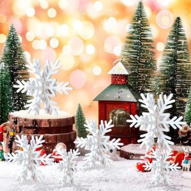 Imagem de MEMOVAN Decorações de mesa de floco de neve de madeira, 12 peças, placas de mesa de floco de neve 3D e peça central, blocos de madeira brancos para decoração de mesa de Natal no País das Maravilhas