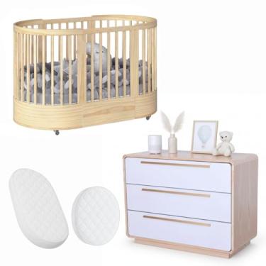 Imagem de Quarto de Bebê Completo Wave Divicar Berço 3 em 1 + Cômoda 3 Gavetas Design Inspirado nas Ondas do Mar Madeira Maciça (NATURE/BRANCO)