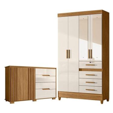 Imagem de Guarda Roupa Solteiro Sobral Com Espelho E Cômoda Texas Freijó Off White – Moval