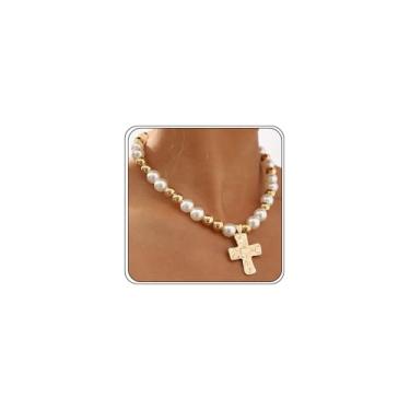 Imagem de Colar com pingente de cruz martelada em ouro grosso, grande, dois tons, pérolas, contas, crucifixo para mulheres, vintage, geométrico, pérola, cruz, joia, Large, Zinco, Sem Pedra Preciosa