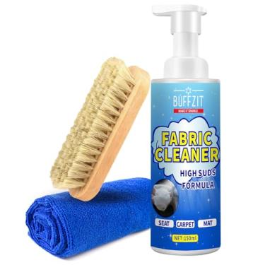 Imagem de BUFFZIT Limpador de espuma para interior de carro multifuncional – assentos de couro limpos, tapete de tecido e plástico – Kit de detalhes profundos com escova e toalha de microfibra – 150 ml