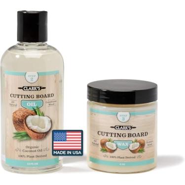 Imagem de CLARK'S Kit de cuidados com tábua de corte com óleo de coco - Inclui óleo de bloco de açougueiro e cera - Feito com óleo de coco refinado, cera de abelha natural e cera de carnaúba - para bancadas de
