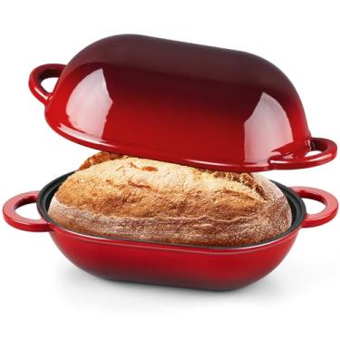 Imagem de Onader Forno holandês de ferro fundido esmaltado, panela de forno holandês de 2,8 litros com tampa para assar pão de fermento, forma oval de bolo de carne, resistente - vermelho