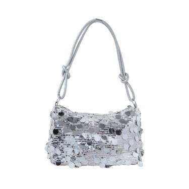 Imagem de MakeMeChic Bolsa feminina de lantejoulas brilhante bolsa tiracolo com nó e zíper Y2k, Prata, one_size