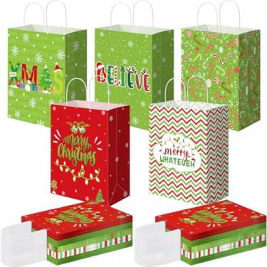 Imagem de AmazingSpark Pacote com 100 sacos de papel de presente de Natal a granel com alças, flocos de neve e árvores de Natal, saco kraft de Natal com guloseimas de embrulho de doces para proprietários de