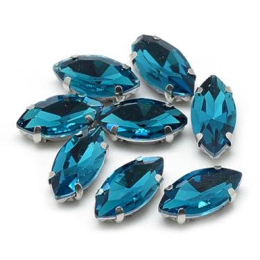 Imagem de 50 peças de cabochão de strass de vidro, azul-petróleo facetado em forma de olho de cavalo de vidro costurado em strass com configurações de garras de latão tom platina, acessórios de vestuário para