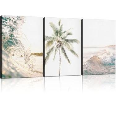 Imagem de 3 peças emolduradas praia oceano ondas e palmeiras paisagem costeira decoração de parede impressão em tela pôster galeria quarto sala de estar estúdio 40 x 61 cm pronto para pendurar