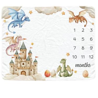 Imagem de Cobertor mensal dragão bebê para meninos, cobertor de mês recém-nascido castelo, adereço de fundo de fotografia de flanela macia, presente de chuveiro personalizado, dragão