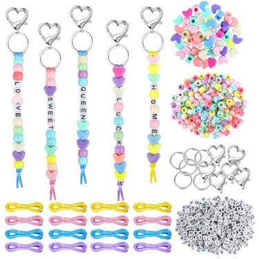 Imagem de HIKIMA 574 peças, kit de chaveiros de contas faça você mesmo, miçangas em forma de coração, porta-chaves, bolsa de berloque, acessórios de chaveiro para lembrancinhas de festa