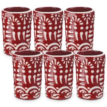 Imagem de Roshtia Conjunto de 6 copos de dose de tequila mexicana de 59 ml, copos de shot Talavera, feitos à mão, com decoração branca, canecas de presente de cerâmica mexicana para amantes de tequila