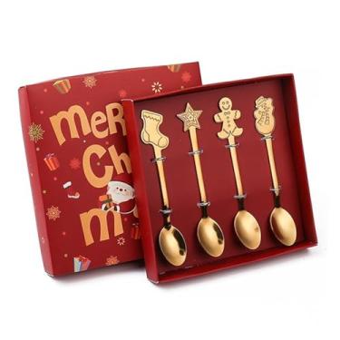 Imagem de Colheres de Jantar Colheres de sobremesa 4 peças sopa aço inoxidável Natal caldo redondas Talheres com caixa Perfeito para festas agitação café e utensílios cozinha diários(Gold)
