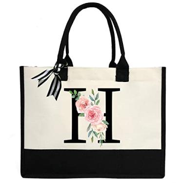 Imagem de Bolsa feminina de lona com inicial personalizada, bolsa de praia com bolso interno com zíper para casamento, aniversário, praia, férias, H
