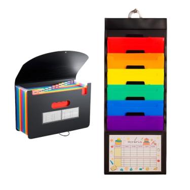 Imagem de Kit Pasta Sanfonada A4 com 12 Divisórias + Organizador de Documentos Pendurável 6 Bolsos Removíveis, Expandível, 36x88 cm, Arquivos, Escritório, Escola, Casa e Organização (Preto e Colorido)