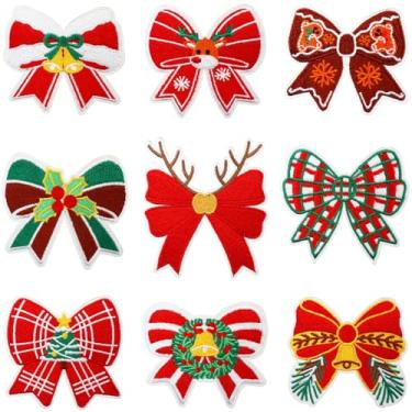Imagem de Patches de Natal com laço de ferro, 9 peças, bordado de chenille, aplique de adesivos para artesanato faça você mesmo, camisetas, roupas, jaquetas, mochilas, jeans, decorações de festa, acessórios