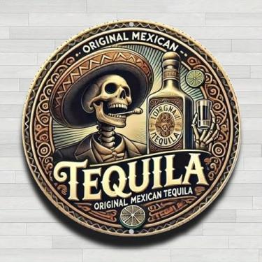 Imagem de Esqueleto de Tequila Mexicana Sombrero Vintage Rústico Alumínio Metal Placa de Parede Redonda, 20 cm, Presentes e Decoração para Casa, Escritório, Café e Quintal
