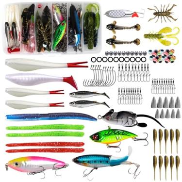 Imagem de Spotlip Caixa de equipamento de 120 peças com equipamento incluído, crankbaits, colher, ganchos, pesos e outros acessórios, kit de equipamento de isca de pesca presente para homens água doce e salgada