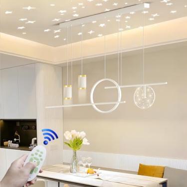 Imagem de Lustre LED decorativo moderno para mesa de jantar, 100 cm, para sala de estar, teto ou quarto, altura ajustável, com controle remoto, design em anel de metal, luminária pendente para cozinha