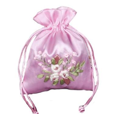 Imagem de Bolsa de embalagem de joias de armazenamento de pano, bolsa de presente antigo bordado de flores com cordão bolsa de moedas de presente (rosa)